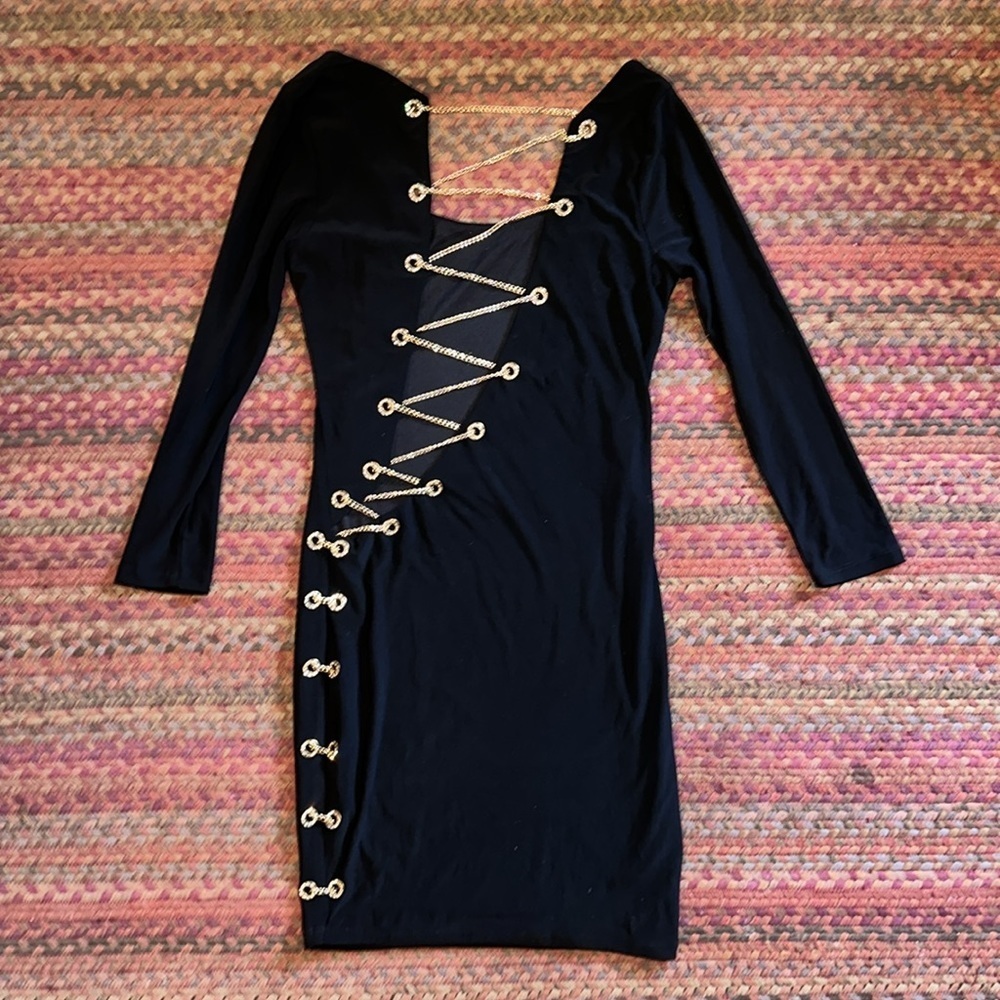 SYMPHONY LITTLE BLACK DRESS GOLD CHAIN SEXY CUT OUT LACE UP RHONESTONE